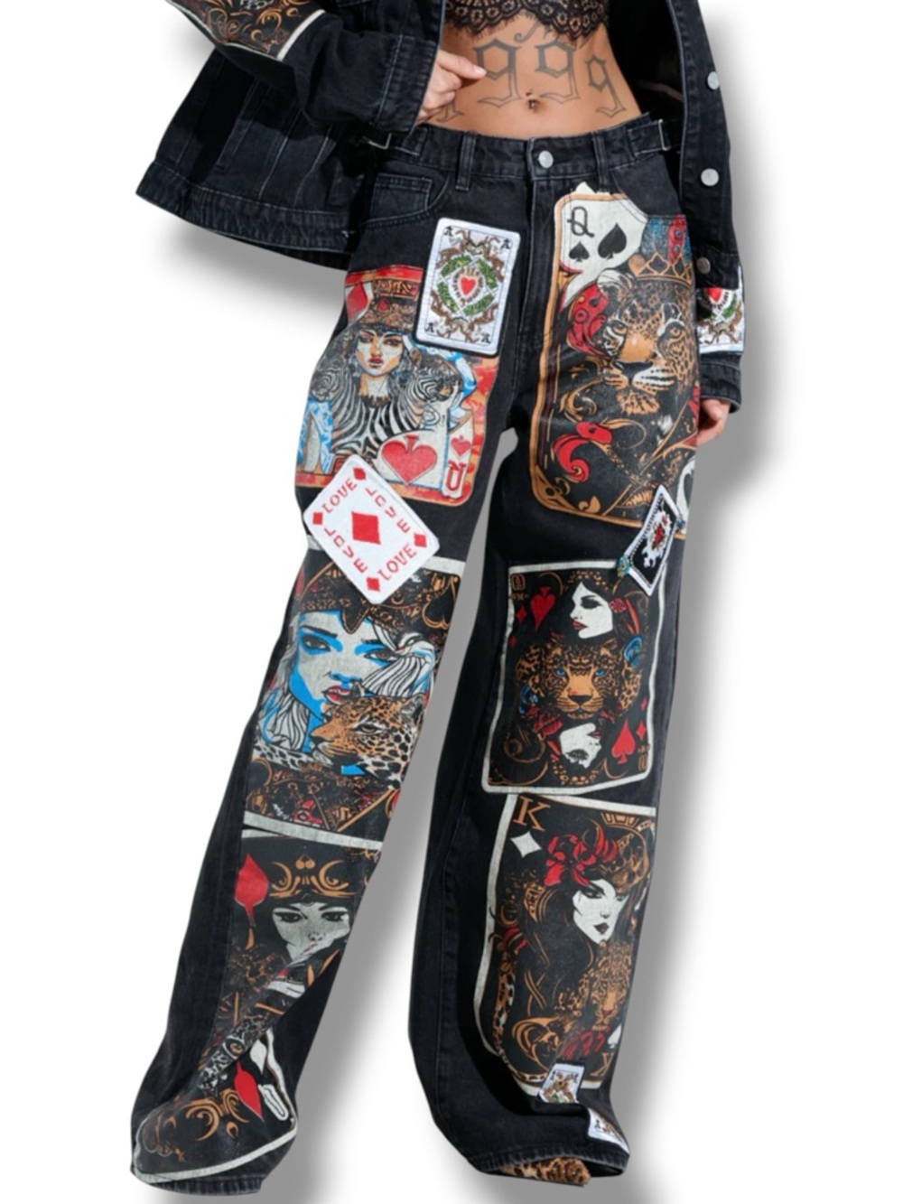 Akira RARE Queen Of Hearts Printed & Embellished Denim Jeans Pants Size 33/17